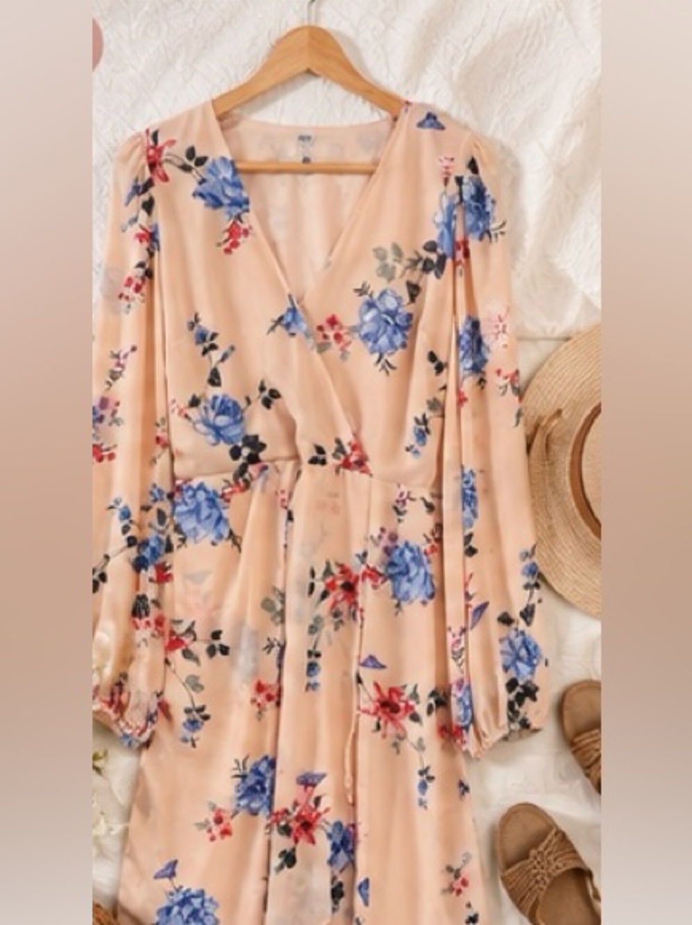 Pink Floral Wrap Maxi Dress with Blue Blooms